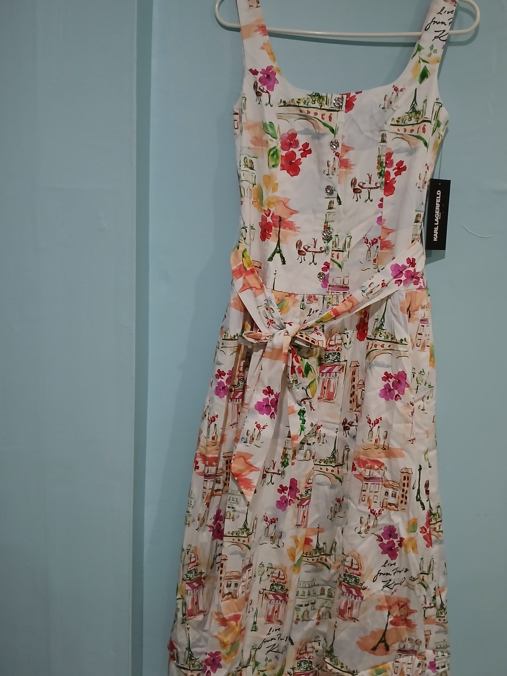 Karl Lagerfeld White Midi Dress with Multicolor Floral & City Print